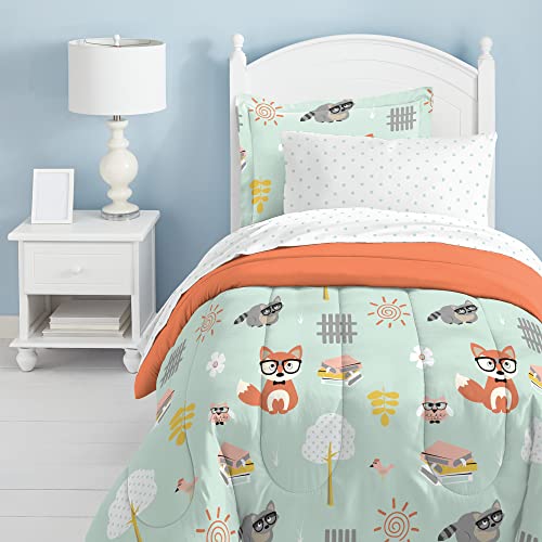 Book Cover dream FACTORY Kids 5-Piece Complete Set Easy-Wash Super Soft Microfiber Comforter Bedding, Twin, Green Woodland Friends
