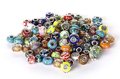 BRCbeads Top Quality 100Pcs Mix Silver Plate STYLE4 Murano Lampwork European Glass Crystal Charms Beads Spacers Fit Pandora Troll Chamilia Carlo Biagi Zable Snake Chain Charm Bracelets