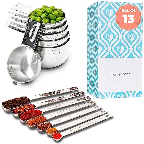 Morgenhaan (13-Piece) Stainless Steel Measuring Cups & Spoons - Heavy Duty Set Of Stackable Cups, Tablespoons, Teaspoons, ML For Dry Food And Liquid Lifetime Nesting Kitchen Measurements Chef Quality