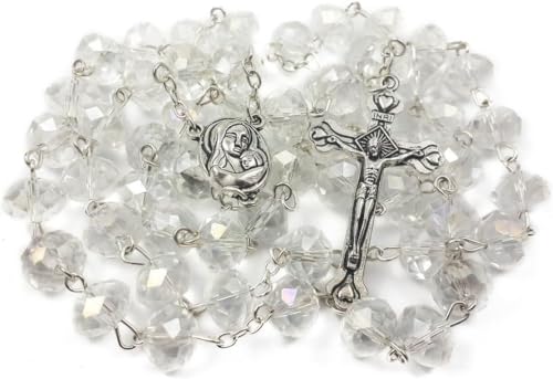 Catholic Rosary White Clear Crystal Beads Necklace with Holy Soil Medal and Metal Cross Communion Rosary Nazareth Store Velvet Gift Bag