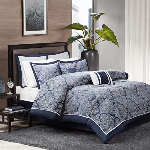 Madison Park Medina Comforter Set-Casual Jacquar Damask Design All Season Cozy Bedding, Matching Bedskirt, Shams, Decorative Pillows, Cal King(104"x92"), Navy, 8 Piece