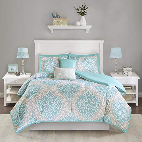Intelligent Design Senna Comforter Set Full/Queen Size - Aqua Blue/Gray, Damask â€“ 5 Piece Bed Sets â€“ All Season Ultra Soft Microfiber Teen Bedding - Great For Guest Room and Girls Bedroom