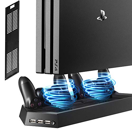 Book Cover Kootek Vertical Stand with Cooling Fan for PS4 Slim/Regular PlayStation 4, Controllers Charging Station with Dual Charger Ports and USB HUB for Console Dualshock 4 Controller (Not for PS4 Pro)