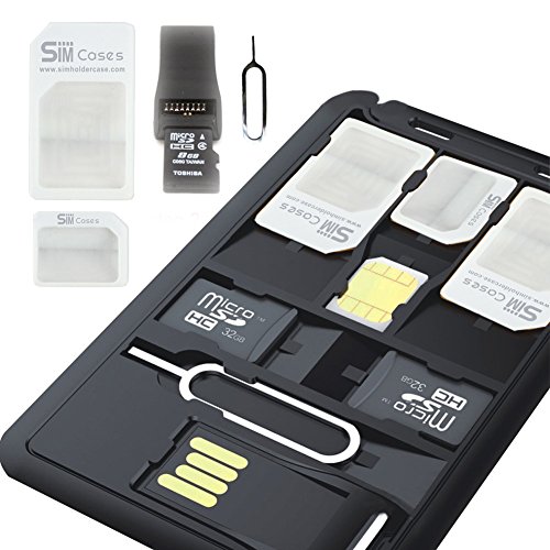 SIMCases Slim SIM Card holder case & MicroSD card Storage + 1 USB Memory card reader 3 sim card Adapters 1 Iphone pin Tray Opener, Holds 4 SIM Cards 1 Micro 1 Nano sim & 2 MicroSD TF cards, CC size
