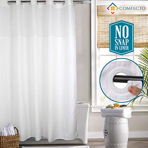 Book Cover COMFECTO Hookless Shower Curtain with Light-Filtering Mesh Screen and Magnets, [NO SNAP IN LINER] 1 Set of White Hotel Bathroom Curtains