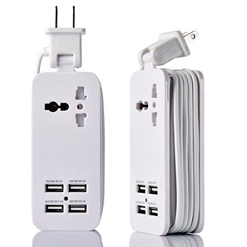 USB Power Strip Portable Travel Charger Outlets 2.1AMP 1AMP 21W 5Foot Power Supply Cord With Universal Plug Input From 100v-240v Power Sockets USB Charger Station 4 Port 5v 1A/2.1A USB Charger (White)