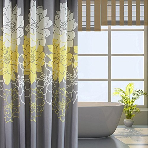 Book Cover Sfoothome Gray Background and Yellow Flower Pattern, Washable Printed Polyester Fabric Shower Curtain for Bathroom (72Inch72Inch, Yellow)