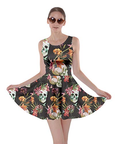 CowCow Womens Sugar Skull Flowers Floral Skeleton Mexican Day of Dead Roses Skater Dress, XS-5XL