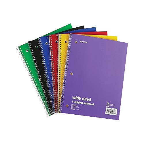Book Cover Staples Spiral Notebook 1-subject, 70-count, Wide Ruled, Assorted Colors, 6 Pack