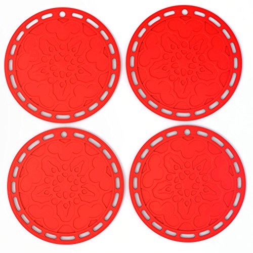 Book Cover Silicone Hot Pads (Set of 4) - 6 in 1 Multi-Purpose Kitchen Tool, Pot Holder, Splatter Guard, Microwave Cover, Jar Opener, Decorative Trivet, Red, 8 Inches. Includes 121 Cooking Secrets Ebook