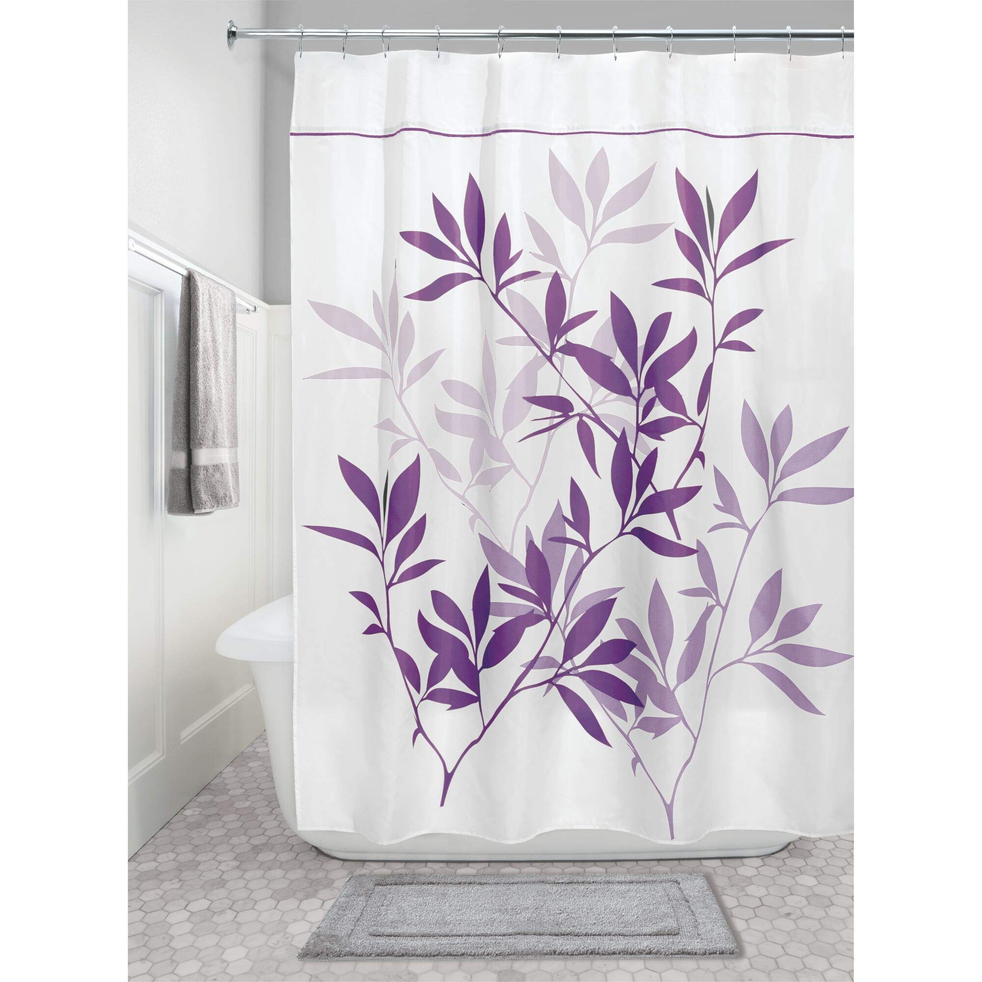 iDesign Leaves Fabric Long Shower Curtain for Master, Guest, Kids', College Dorm Bathroom, 72" x 84", Purple,35694 Purple Long