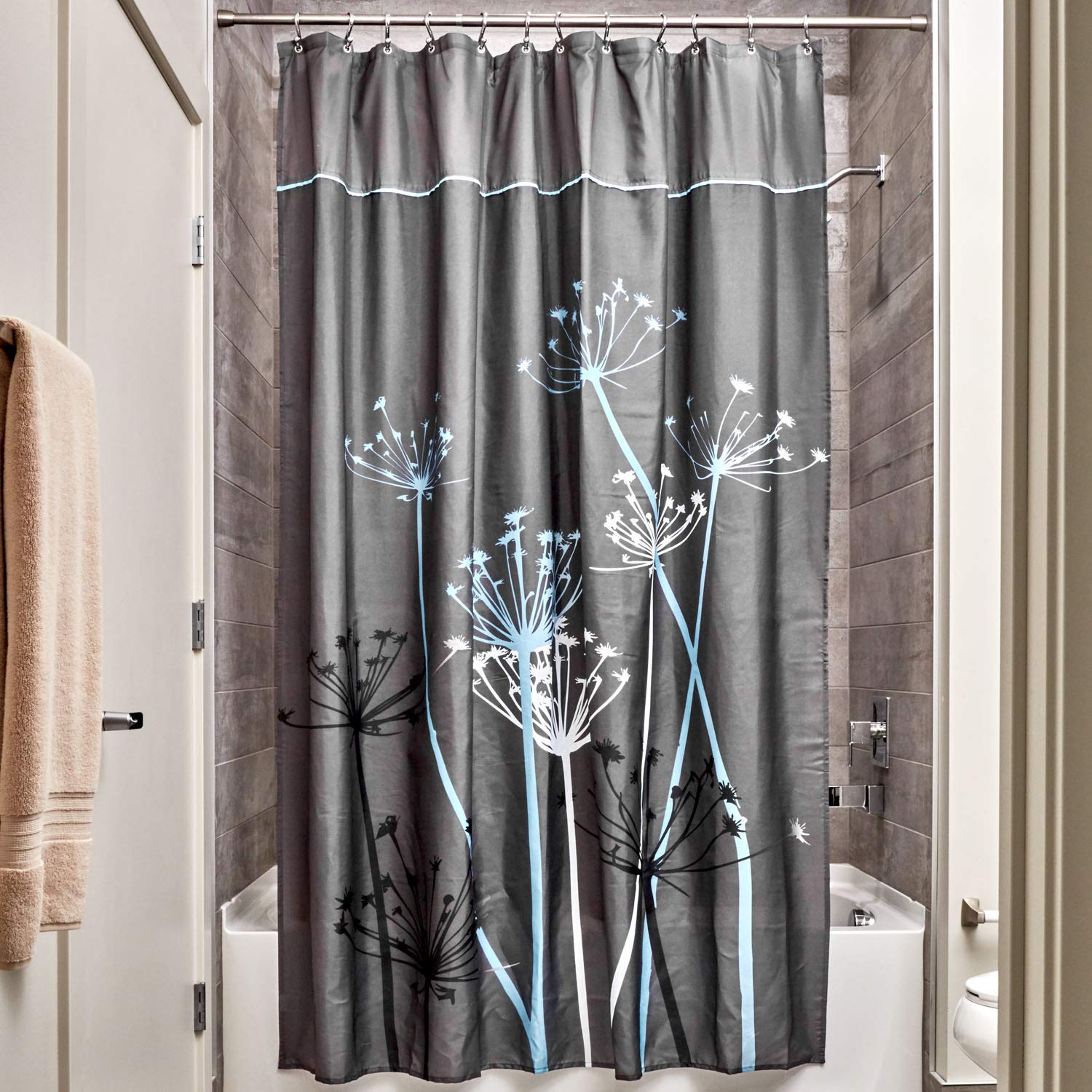 iDesign Thistle Wide Fabric Shower Curtain for Master, Guest, Kids', College Dorm Bathroom, 72" x 84", Gray and Blue Long