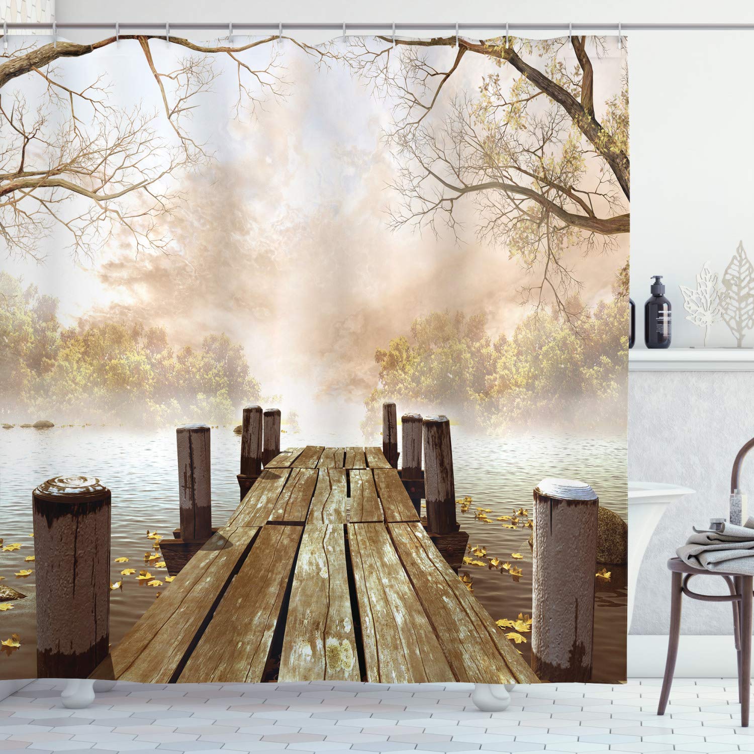 Ambesonne Autumn Shower Curtain, Old Wooden Jetty on a Lake Fallen Leaves and Foggy Forest in Distance, Cloth Fabric Bathroom Decor Set with Hooks, 69" W x 70" L, Brown Beige 69" W x 70" L Brown Beige