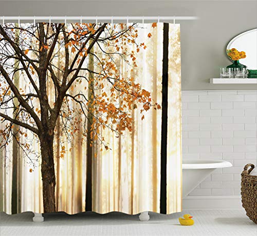 Ambesonne Autumn Shower Curtain, Picture of a Lonely Tree with Orange Leaves on an Abstract Woodland Background, Cloth Fabric Bathroom Decor Set with Hooks, 70" Long, Brown Beige
