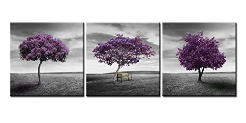 Book Cover So Crazy Art- Black and White Wall Art Decor Tree with Purple Blossom on the Lawn Canvas Pictures Artwork 3 Panel Landscape Painting Prints for Home Living Dining Room Kitchen