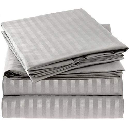 Book Cover Mellanni Queen Sheet Set - Hotel Luxury 1800 Bedding Sheets & Pillowcases - Extra Soft Cooling Bed Sheets - Deep Pocket up to 16 inch Mattress - Easy Care - 4 Piece (Queen, Striped - Gray / Silver)
