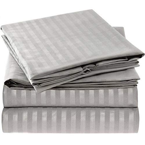 Mellanni California King Sheets - Hotel Luxury 1800 Bedding Sheets & Pillowcases - Extra Soft Cooling Bed Sheets - Deep Pocket up to 16 inch - Easy Care - 4 Piece (Cal King, Striped - Gray / Silver)