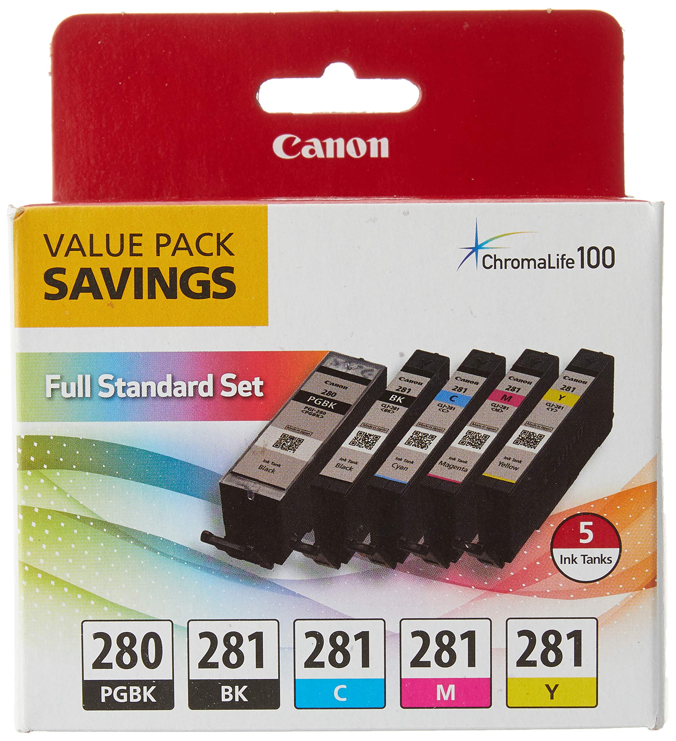 Book Cover Canon PGI-280 / CLI-281 5 Color Ink Pack, Compatible to TS8120,TS6120,TR8520,TR7520, and TS9120 Wireless Printers, Multi, PGI-280 Full Standard Set