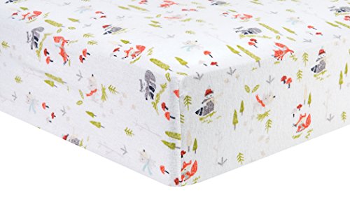 Winter Woods Deluxe Flannel Fitted Crib Sheet - Forest Animal Scatter Print Cotton Flannel, Orange, Green, Gray and White, Fully Elasticized, 10 in Deep Pockets, Fits Standard Crib Mattress 28 in x 52 in