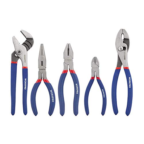 WORKPRO 5-piece Pliers Set (10-Inch Slip Joint, 8-Inch Linesman, 8-Inch Long Nose, 6-Inch Diagonal, 10-Inch Groove Joint) for Basic Home Use