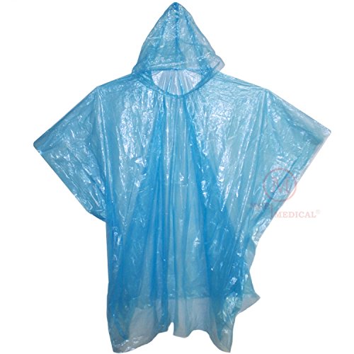 MCR Medical Pack of 10 Disposable Rain Ponchos with Hood, Blue