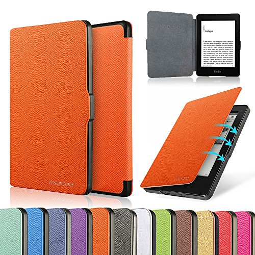 HAOCOO Ultra Slim Leather Smart Case Cover Build in Magnetic [Auto Sleep/Wake] Function for All-New Kindle Paperwhite 2012, 2013, 2015 Versions (Not fit All-New Paperwhite 10th Generation)(Orange)