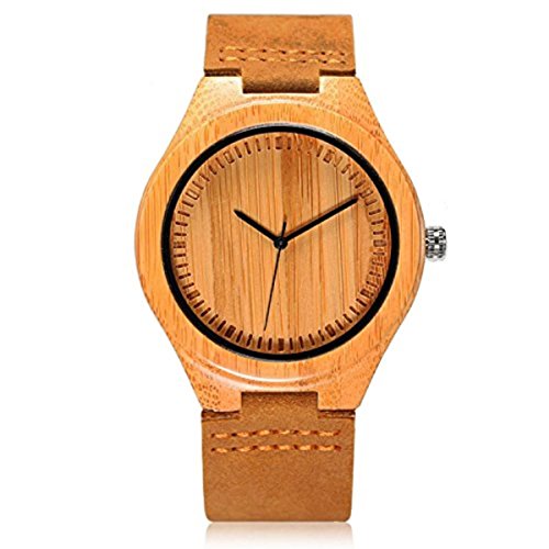 CUCOL Men's Bamboo Wooden Watch with Brown Cowhide Leather Strap Japanese Quartz Movement Casual Watches