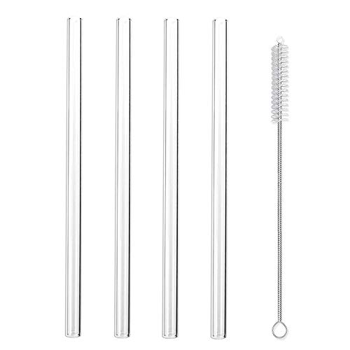 Hiware Glass Straws 10 in x 12mm Handmade Straight, Clear, Set of 4, With Free Cleaning Brush, Smoothie Drinking Straws, Long Reusable Straws