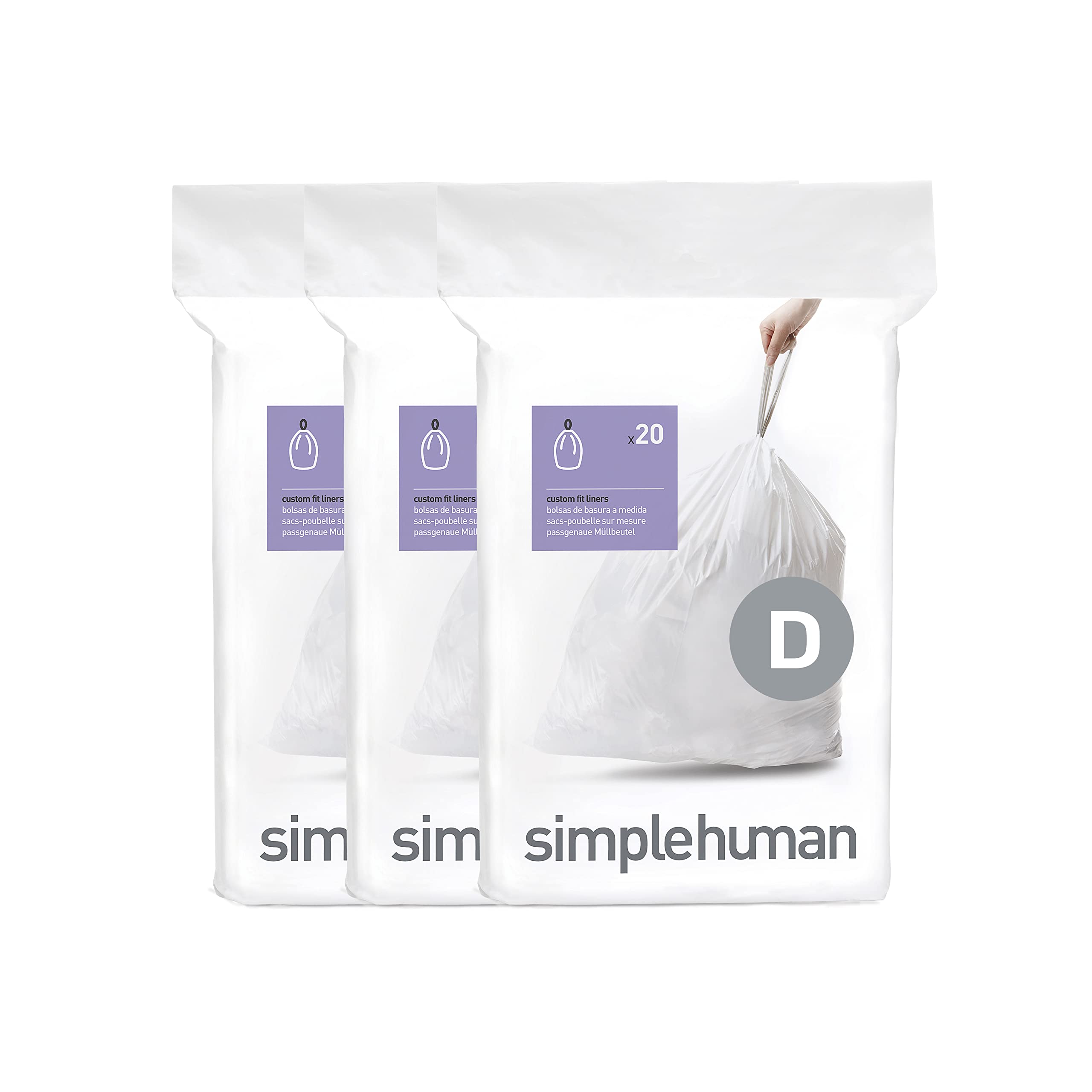 simplehuman Code D Custom Fit Drawstring Trash Bags in Dispenser Packs, 60 Count, 20 Liter / 5.3 Gallon, White 60 Count (Pack of 1) Trash Bags