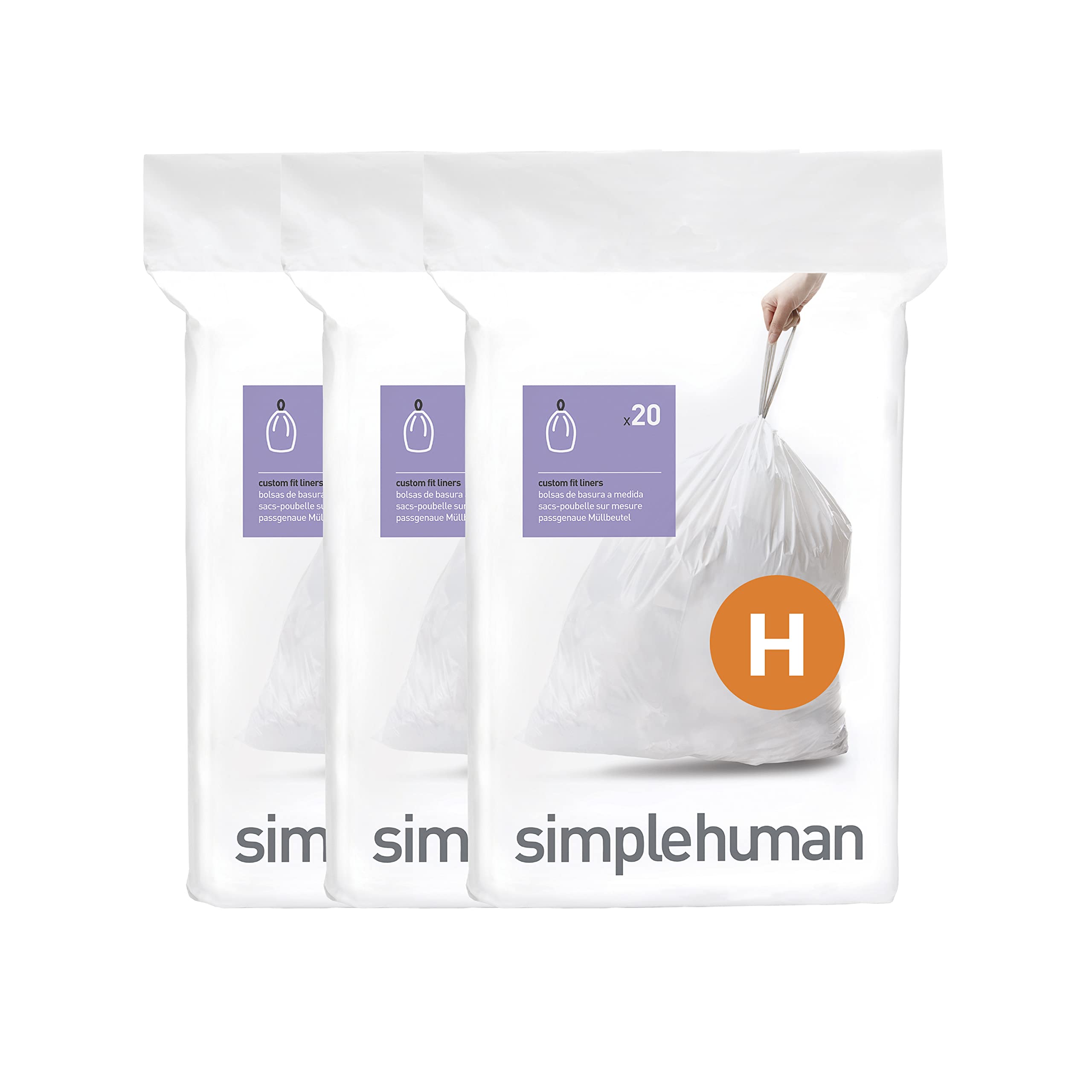 simplehuman Code H Custom Fit Drawstring Trash Bags in Dispenser Packs, 60 Count, 30-35 Liter / 8-9.2 Gallon, White 60 Count (Pack of 1) White Trash Bags