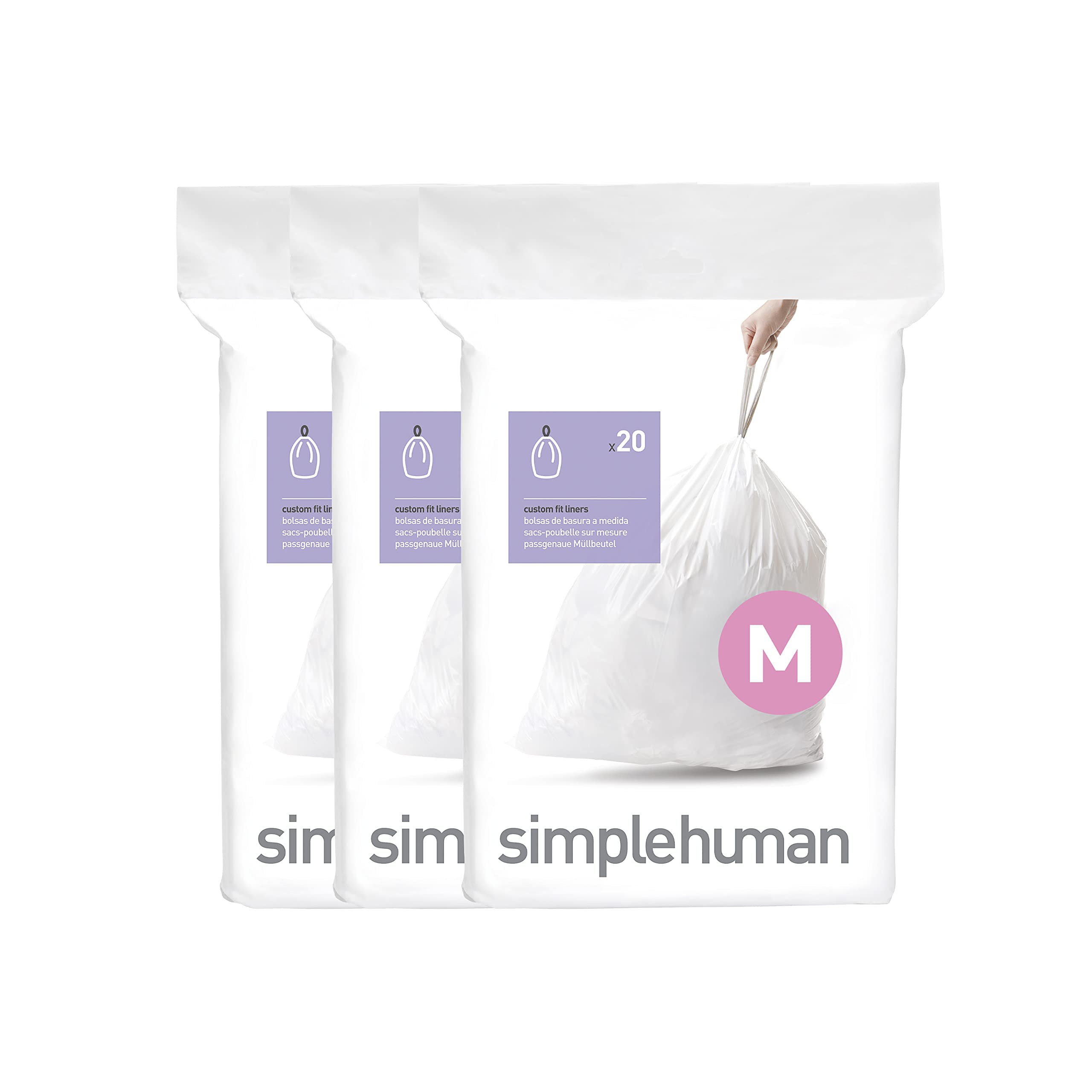 simplehuman Code M Custom Fit Drawstring Trash Bags in Dispenser Packs, 60 Count, 45 Liter / 11.9 Gallon, White 60 Count (Pack of 1) Quick-Dispense Packs Trash Bags