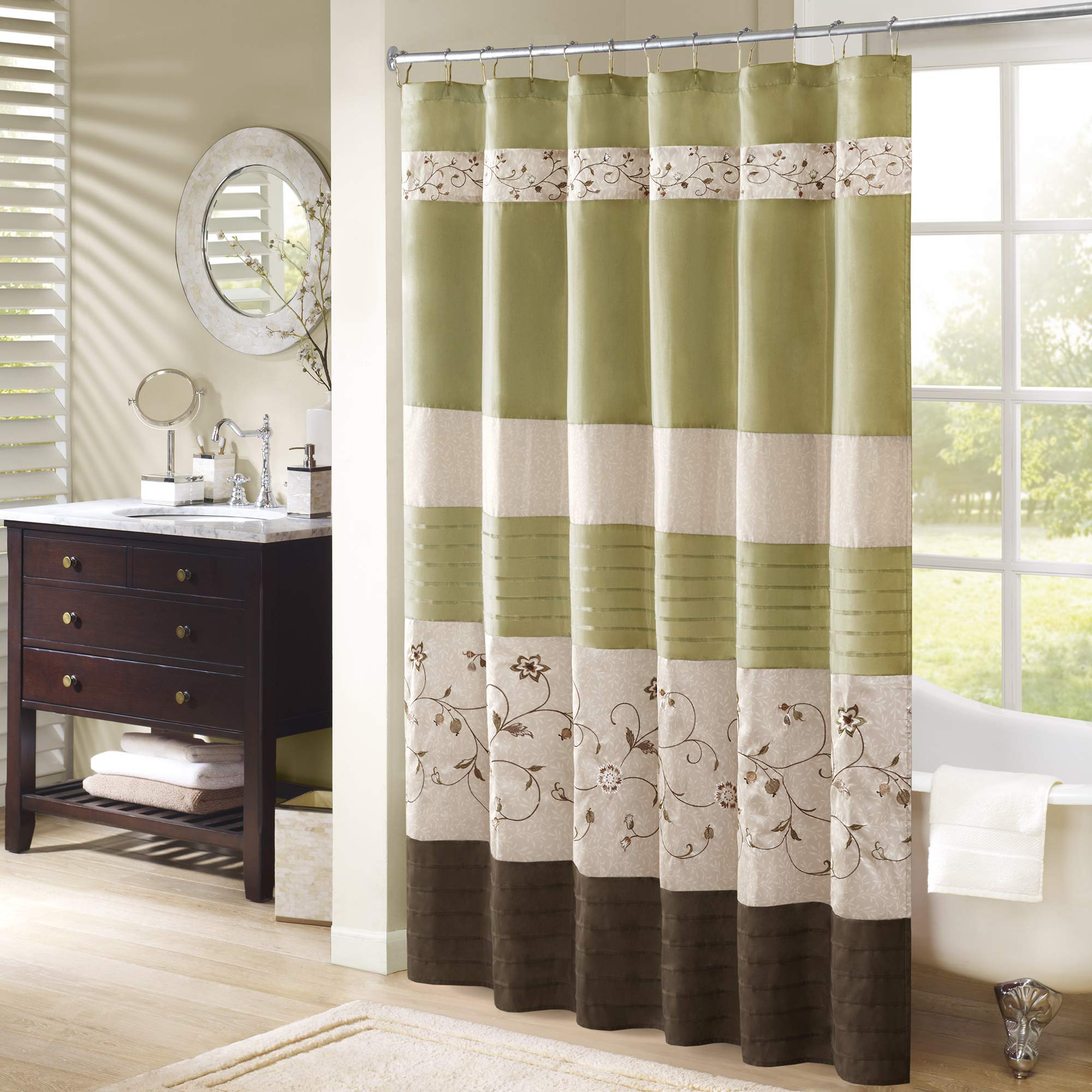 Book Cover Madison Park Serene Shower Curtain Faux Silk Embroidered Floral Machine Washable Modern Home Bathroom Decorations, 72x72, Green 72 x 72 in Green