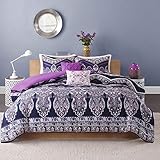 Intelligent Design Cozy Comforter Casual Damask Design Modern All Season Bedding Set with Matching Sham, Decorative Pillow, Full/Queen, Adley Purple, 5 Piece