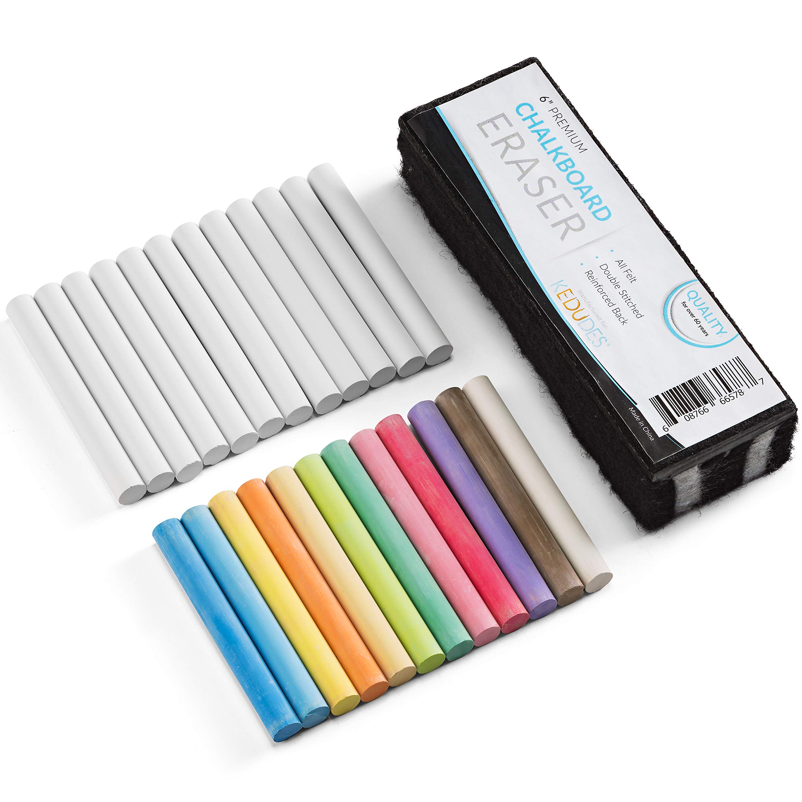 Kedudes Non-Toxic Dustless Chalk with Eraser (24 pack) - 12 Colored Chalk + 12 White Chalkboard Chalk and Chalk Board Eraser for Teachers, Sidewalk Chalk for Kids, Outdoor Chalk, School Supplies Chalk 25 Piece Set