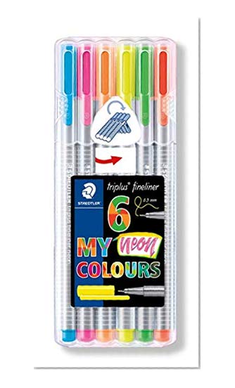 Staedtler Triplus Fineliner, Feutres très fins aux couleurs néon, Forme triangulaire ergonomique et pointe de 0.3 mm, Étui chevalet avec 6 feutres néon assortis, 334 SB6CS3
