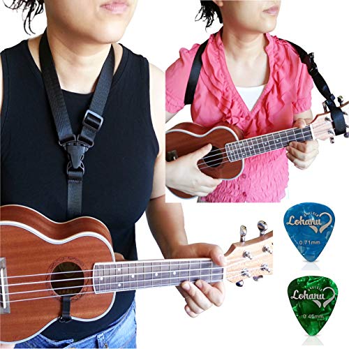 Clip On Ukulele Strap Black Color Adjustable In Various Length From Lohanu Ukulele Hook & Clips On Requires No Drilling High Quality Easy To Use Fits Any Uke Sizes Helps You Play Better & Easier!