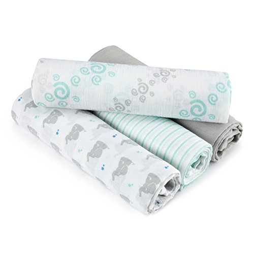 Aden by aden + anais Swaddle Baby Blanket, 100% Cotton Muslin, 4 Pack, 44 X 44 inch, Baby Star - Elephants