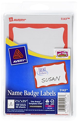Avery Print or Write Name Badge Labels, Red Border, 2.34" x 3.375", Pack of 100 (5143)