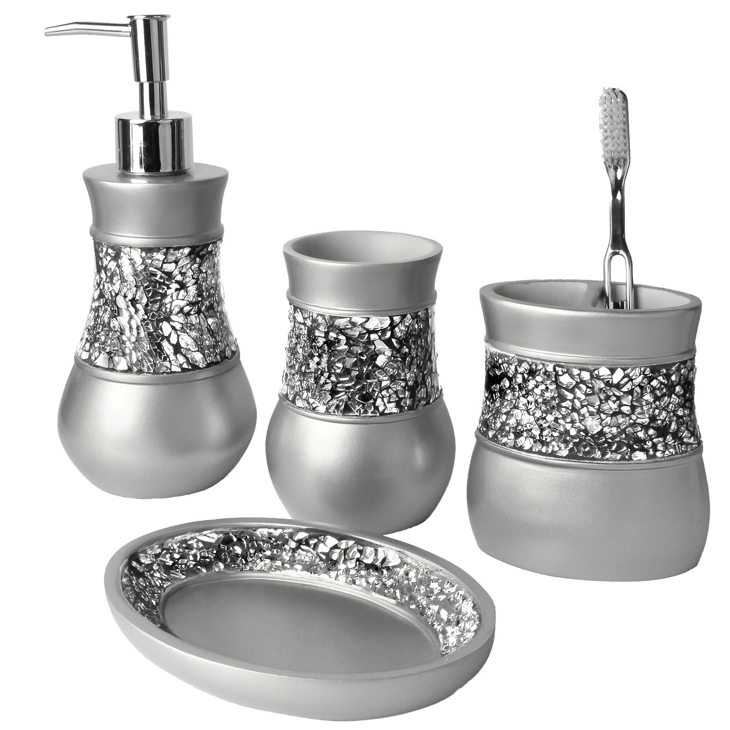 Book Cover Creative Scents Gray Bathroom Accessories Set - 4 Piece Bathroom Decor Set for Home, Bath Restroom Set Features Soap Dispenser, Toothbrush Holder, Tumbler, Soap Dish - Bling Silver Mosaic Glass