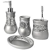 Creative Scents Gray Bathroom Accessories Set - 4 Piece Bathroom Decor Set for Home, Bath Restroom Set Features Soap Dispenser, Toothbrush Holder, Tumbler, Soap Dish - Bling Silver Mosaic Glass