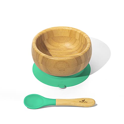 Avanchy Bamboo Baby Bowl & Spoon - Baby Cutlery - Bamboo Kids Bowl - BPA Free Bowl - Bamboo Kids Utensils - Baby Bowl and Spoons Set, Green - 5" x 3"