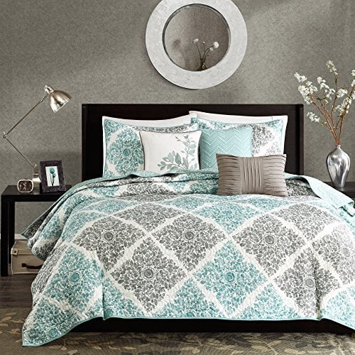 Book Cover Madison Park - MP13-1421 Claire Leaf Geometric â€“ 6 Piece Ultra Soft Microfiber Bed Quilted Coverlet, King/Cal King(104