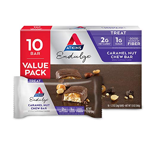 Atkins Endulge Caramel Nut Chew Bar, Dessert Favorite, 1g Sugar, Good Source of Fiber, 10 Count