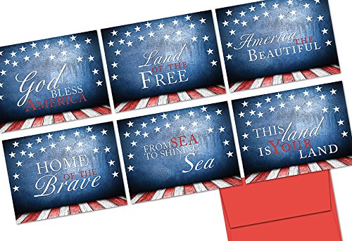 Note Card Cafe Patriotic Greeting Cards Set with Red Envelopes | 72 Pack | Blank Inside, Glossy Cover | Patriotic Phrases | For July Fourth, Christmas, Holidays, Birthdays, Thank Yous, Ceremonies