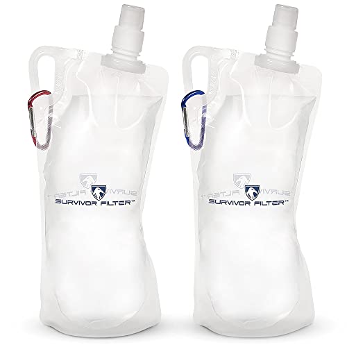 Survivor Filter 1L Clear Collapsible Water Bottles - Travel, Hiking, Foldable, BPA-Free - 2 x 33oz