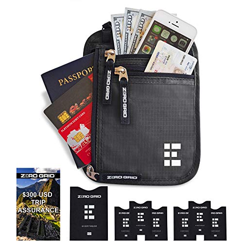 Zero Grid Neck Wallet w/RFID Blocking- Concealed Travel Pouch & Passport Holder (Shadow)
