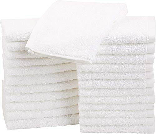 Book Cover Amazon Basics Fast Drying, Extra Absorbent, Terry Cotton Washcloths, White - Pack of 24