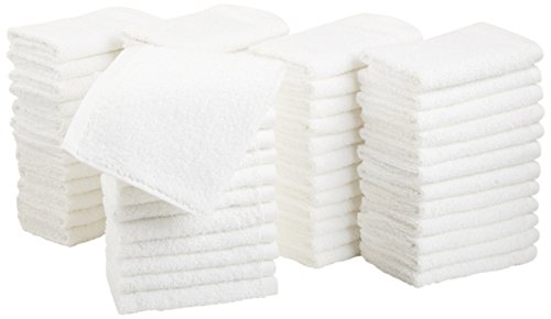Book Cover Amazon Basics Fast Drying, Extra Absorbent, Terry Cotton Washcloths, White - Pack of 60