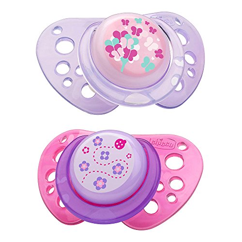 Chicco Flair Orthodontic BPA-Free Pacifier with Reusable Sterilizing Case, 2-Pack, Pink/Purple, 6-12m