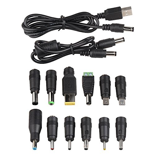 Onite DC Famale 5.5x2.1mm jack to 12 Plugs / Connectors with 2 Male to Male Cables: 5.5X2.1mm to 5.5X2.1mm, USB 2.0 to 5.5X2.1mm for Notebook Laptop AC Power Charger Adapter (12 tips +2 cables)